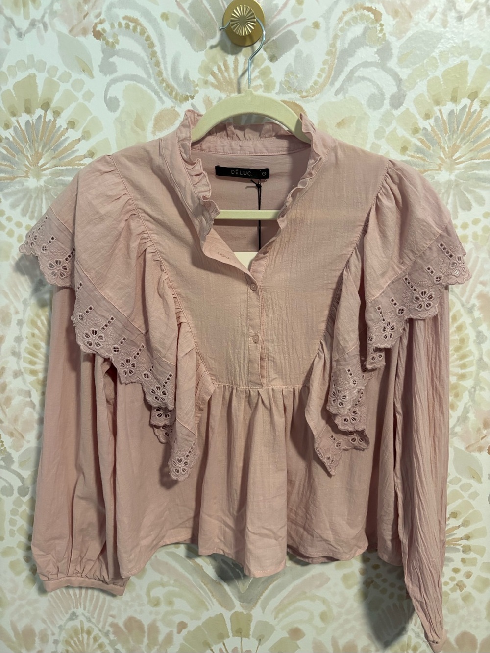 NWT Deluc Despina Blouse Blush Pink Eyelet Ruffle Cotton Top 40449D Womens Small
